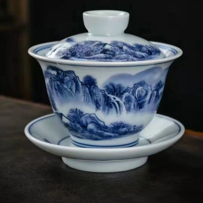 J Ingdezhen พอร์ซเลนสีฟ้าและสีขาวชาหม้ออบเซรามิกชามชาขนาดใหญ่จีนกังฟูชาชงภูมิทัศน์จิตรกรรม Gaiwan 180มิลลิลิตร