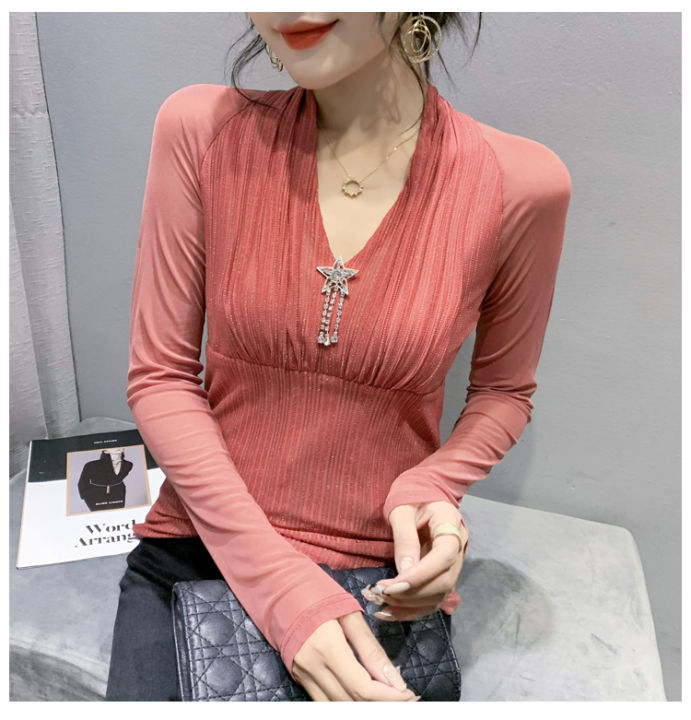 rehin-เสื้อยืดคอวีผู้หญิงแขนยาวคอวีอเนกประสงค์-เสื้อฉบับภาษาเกาหลีมาใหม่ล่าสุดฤดูใบไม้ร่วง2023