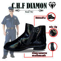 Chen Diamond รองเท้าราชการ  ทรงฮาร์ฟรุ่น 902 ทำจากหนัง PUแก้ว สูง 6 นิ้ว ซิปคู่ ดำเงา รักษาง่าย รองเท้าทางการ รองเท้าตำรวจ