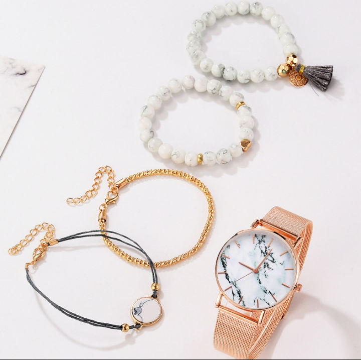 นาฬิกาข้อมือควอตซ์สายรัดเหล็กสดใสขนาดเล็กศิลปะแฟชั่นนาฬิกาผู้หญิงพร้อมสร้อยข้อมือของขวัญ5ชิ้น-เซ็ตสำหรับสุภาพสตรี