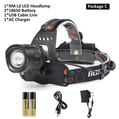 BORUiT Zoomable L2 LED Headlamp Flashlight Portable Rechargeable Headlight Waterproof Camping Hunting Head Torch Light 18650