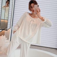 Spring and autumn French style retro court long-sleeved loose cute princess pajamas set can be worn outside home service womens cotton top