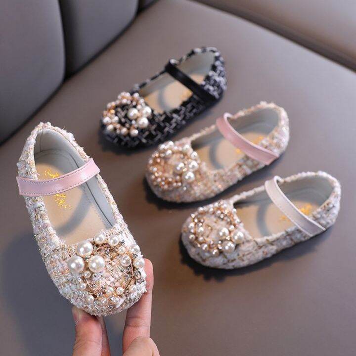 Kids Girls Pearl Crystal Princess Shoes 2021 New Wedding Dress Non - Slip  PU Leather Flat Dance Shoes for Children 