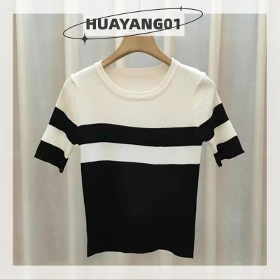 HUAYANG01 [2023แฟชั่นสุดฮอตใหม่] เสื้อครอปเสื้อแขนสั้นรัดรูปเสื้อยืดถักลายทางฤดูร้อนแฟชั่น