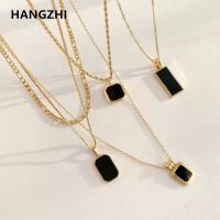 Black Square Pendant Double Layer Stainless Steel Necklaces for Women Men Gold Silver Color Clavicle Chains Party Jewelry