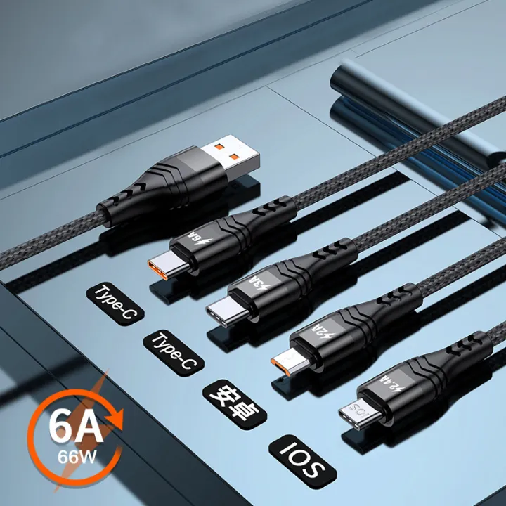 DISOUR 2022 NEW 6A Super Fast Charging Cable 4 In 1 Nylon Braided Cable IOS Micro USB Type-C 6A 66W For i Phone13 12 11Pro Xiaomi Huawei Universal