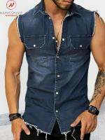 Fashion Men Summer Solid Color Denim Shirts Single-Breasted Design Pocket Decor Turn-down Collar Sleeveless Slim Cardigan Top