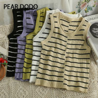 PEAR DODO เสื้อกล้ามถักแขนกุดสำหรับผู้หญิงลายเกาหลีแขนสั้นคอกลม