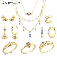 ANDYWEN ชุดสร้อยโชคเกอร์ต่างหูระย้าแหวนเพชร CZ สีเงิน925