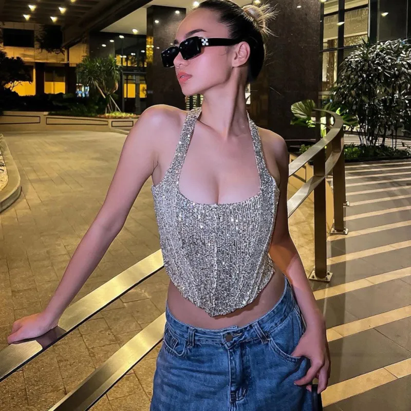 Women Sequins Spaghetti Strap Crop Top Sexy Sparkly Cropped Tank Tops  Sleeveless Glitter Vest Camis Clubwear(A Silver,S) at  Women's  Clothing store