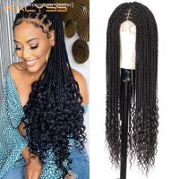 Kalyss 36 Full Double Lace Braided Wigs with Boho Curly Ends Knotless Cornrow Box Braided Wig with Baby Hair [ Hot sell ] Decoration Center