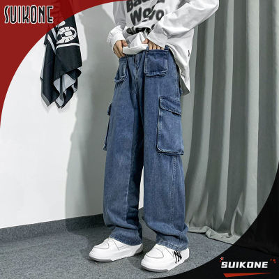 Suikone ขาตรงกางเกงยีนส์กางเกงชายกางเกงยีนคาโก้น้ำยี่ห้อความรู้สึกหลวมกางเกงลำลอง Multi กระเป๋ากว้างขายาวกางเกง