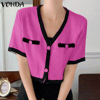 (จัดส่งฟรี)Fancystyle VONDA ผู้หญิงสบายๆจีบเสื้อของแข็งหลวมคอวีแขนสั้นเสื้อ