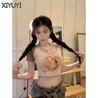 XIYUYI พิมพ์แมวน่ารักเครื่องเทศหวานเข้ารูปพอดีสะดือเสื้อยืดเอวลอย