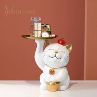 Resin Fat Lucky Cat Tray Storage Figurines For Interior Entrance Desktop Containers Living Room Feng Shui Decoration