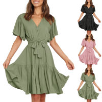 Women’s Summer Casual Dresses V-Neck Ruffle Short Sleeve Solid Tie Waist Swing Dress mini vestidos de 2022 mujer