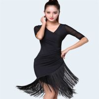 Black Latin Dance Dress Short-Sleeve Latin Dance Tassel One-Piece Dress For Women Female Ballroom Tango Cha Cha Rumba Costumes