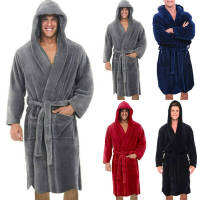 ผู้ชายหรูหราเสื้อฮู้ดเก็บความร้อนFleece Dressing Gowns Hooded Nightเสื้อคลุมอาบน้ำชุดนอน