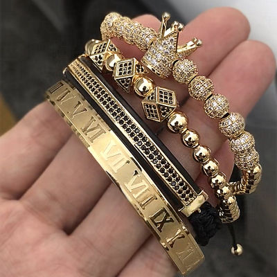 Hot Sale Classical Handmade Braiding Bracelet Gold Hip Hop Men Pave CZ Zircon Crown Roman Numeral Bracelet Luxury Jewelry