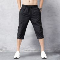 Mens Shorts Summer Breeches 2023 Thin Nylon 3/4 Length Trousers Male Bermuda Board Quick Drying Beach Black Mens Long Shorts