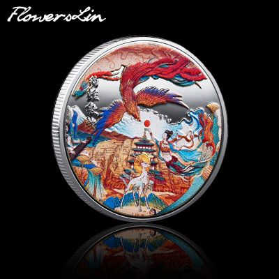 Phoenix Deer Fairy Souvenir Medal Traditional Chinese Dunhuang Mogao Grottoes Commemorative Coins Fresco Painting Collect Badge