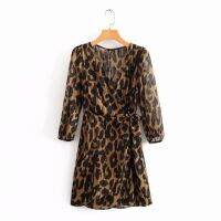 ZZOOI 2020 New Women Cross V Neck Leopard Print Bow Tied Kimono Dress Ladies Three Quarter Sleeve Vestidos Chic Chiffon Dresses DS3345