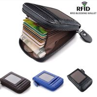 Dompet Pria Kulit Asli Vintage Baru Tempat Kartu Kredit Ritsleting Pemblokir RFID Kantong Uang Casing Pelindung Kartu Penutup Saku