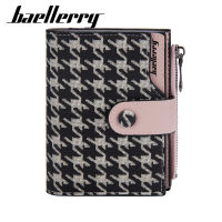 Baellerry กระเป๋าสตางค์แบบใหม่กระเป๋าใส่บัตรมีซิปหลายช่องลาย Houndstooth สีตัดกันสไตล์เกาหลีแบบสั้นสำหรับผู้หญิง