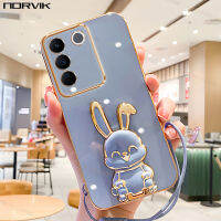 NORVIK เคสมือถือชุบโลหะหรูหราสีฟ้าพร้อมที่ยึดหูกระต่ายและสายคล้องสำหรับ Vivo V29 Y78 Y27 Y36 Y02T V27 V27e X90 IQOO Z7 Z7x 11 Y02 Y22 Y16 V25 V25e Y35 V23 Y76 Y15S X70 Y22S Y33S โปร n1-2ปกปลอกอ่อน4G 5G