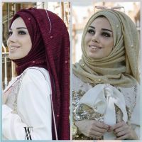 【CW】 75x180cm Stretchy gold yarn islamic scarfs muslim beading hijab scarf with pearls foulard femme musulman arab headscarf