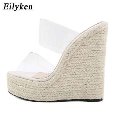 Eilyken Summer PVC Transparent Peep Toe Cane Straw Weave Platform Wedges Slippers Sandals Women Fashion High Heels Female Shoes