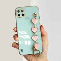 เคส C25Y Realme C21Y / Realme พร้อมสร้อยข้อมือหัวใจความรักสีชมพูแฟชั่นหรูหราชุบ6D ซิลิโคนนิ่มผู้หญิงหญิงสาวเคสมือถือ