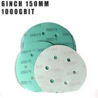 5 pcs 6 Inch 6 Hole Polyester Film Green Sandpaper Fessional Anti Clog Grinding Sanding Disc Hook Loop Sand Paper with 1000 Grit Cleaning Tools