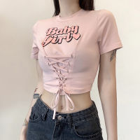 ?SHOP-182?พร้อมส่ง!! เสื้อครอปแขนสั้น สไตล์ Y2K สกรีน Baby Girl ดีเทลมีเชือกผูกเป็นคอร์เซ็ตด้านหน้าโชว์เอวสวยสับ?