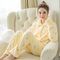 Night Wear Women Set Pijama for Winter Lapel Cardigan Long Sleeve Cartoon Sleepwear Flannel Pjamas Womens Warm Pajamas