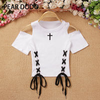 PEAR DODO เสื้อยืดคอกลมแขนสั้นผูกโบว์ผูกไขว้สไตล์เกาหลีสำหรับผู้หญิง