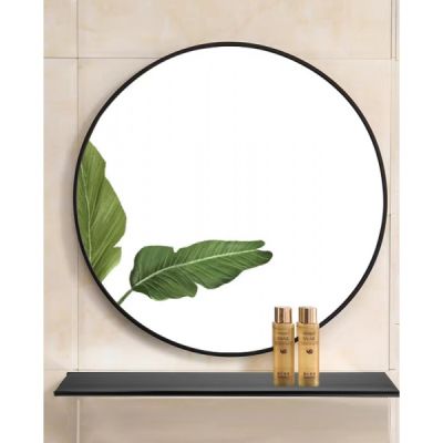 Aluminum mirror set with round shelf, round shape, size 60X60x3 cm.-Black