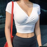 COD DSFERTRETRE Womens T Shirts Tees V Neck Solid Color Athletic Top Pullover Workout Shirt Yoga T-Shirt Short Sleeve Crop Top