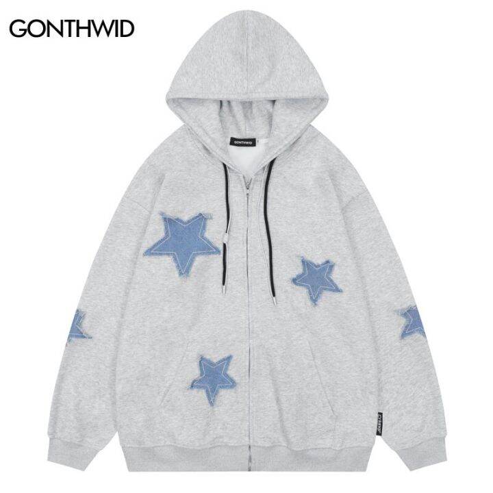 Hip Hop Hoodie Sweatshirt Jacket Y2K Streetwear Vintage Retro Star Patch  Zip Up Hooded Streetwear Coat Men Harajuku Casual Loose | Lazada