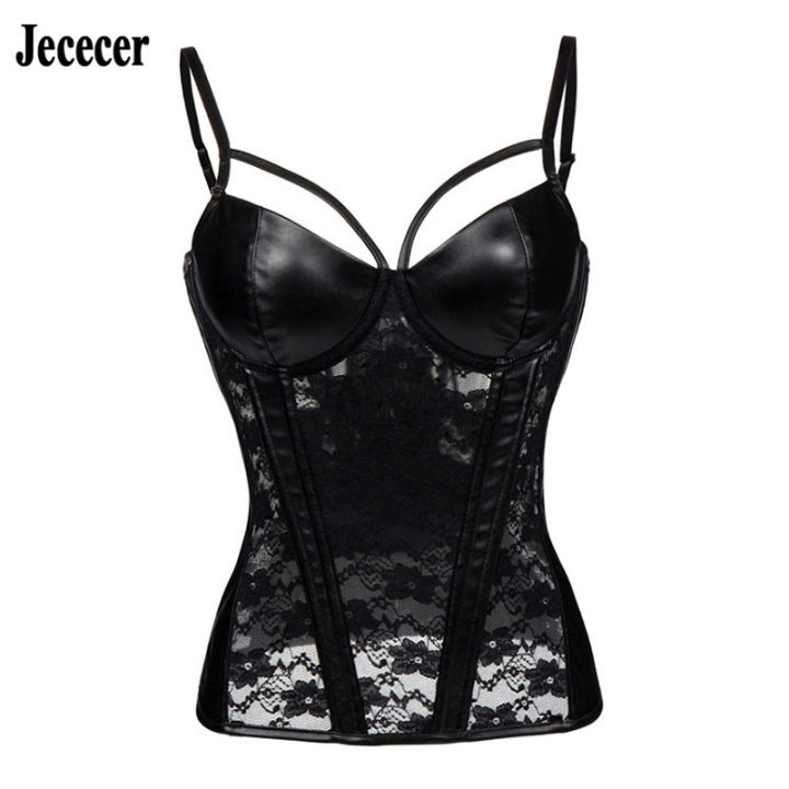 2021Womens Sexy Overbust Corset Gothic Push Up Bra Lace Leather Black Bustiers Tops Vintage Corset Plus Size