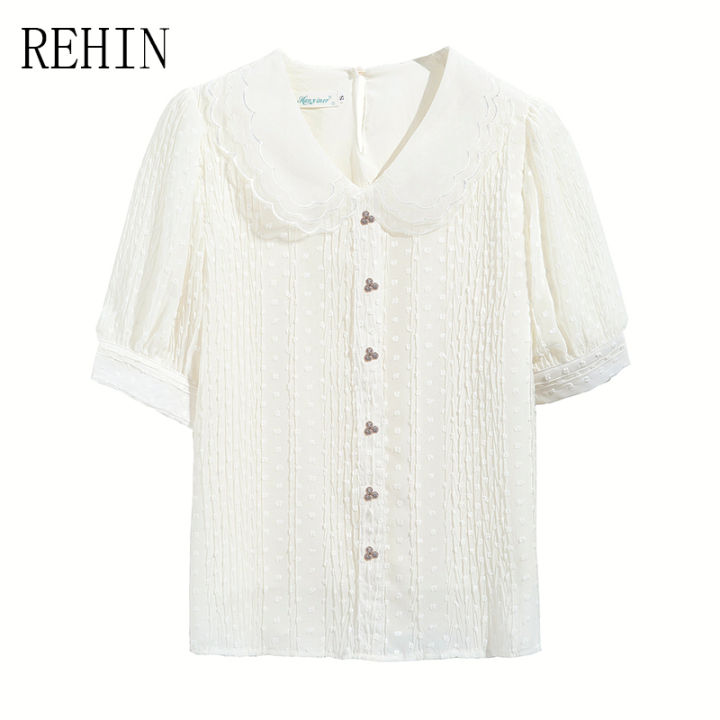 rehin-เสื้อเชิ้ตแขนสั้นผ้าชีฟองแขนพองทรงหลวมคอตุ๊กตาคู่แฟชั่นสไตล์เกาหลีแบบใหม่ฤดูร้อน