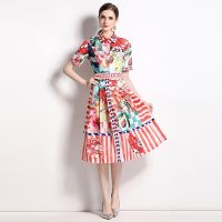 Women New Dress Real Shot  Flower Print  Midi Dress Short Sleeve A- Line DRESS