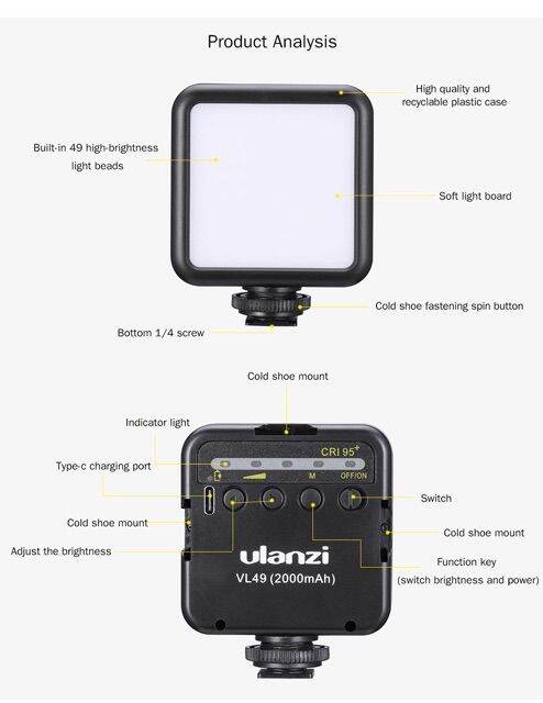 ulanzi-vl49-6w-mini-led-video-light-2000mah-built-in-battery-5500k-photographic-lighting-vlogging-ไฟ-led-เพิ่มแสงสว่าง