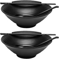 Kimi Cuisine 2 Sets of Ramen Bowl (Black Melamine), 6pcs, 37oz Soup Bowls with Chopsticks and Spoons Set