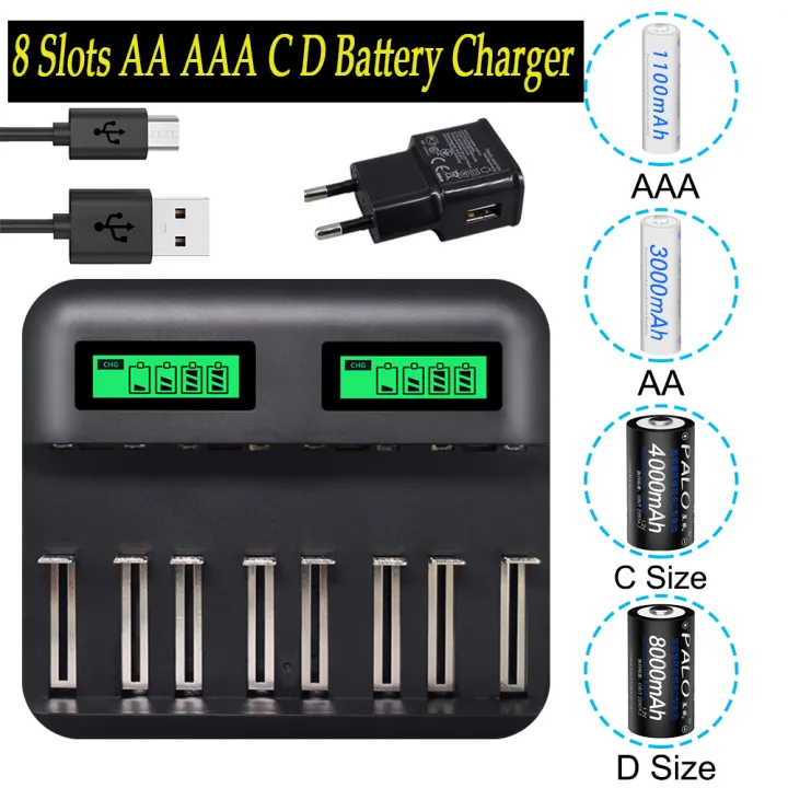 20228 Slots LCD Smart USB AA AAA C D Size Battery Charger For 1.2V AA