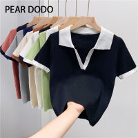 PEAR DODO เสื้อยืดสั้นแขนเสื้อสั้นถักคอโปโลสำหรับผู้หญิงเกาหลี