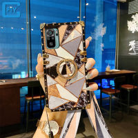 สำหรับ Xiaomi Redmi Note 11 10 9 8 Pro / Redmi Note 11 10 9 11S 10S 9S / Redmi 10C 10 9A 9C 9T Creative รูปหลายเหลี่ยม Marble รูปแบบสแควร์โทรศัพท์กรณี Starry Sky Shining Luxury Gold-Plated TPU กรณี + สายคล้อง + ขาตั้งหมุน360