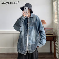 MAYCHEER   แจ็คเก็ตย้อนยุคสีตัดกันสำหรับผู้ชายและผู้หญิงแจ็คเก็ตผ้าเดนิมหลวมดีไซน์แบบประกบกัน