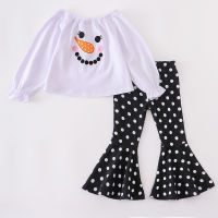 Girlymax Baby Girls Winter Christmas Snowman Shoulderless Polka Dot Pants Sets Cotton Boutique Ruffles Children Kids Clothing