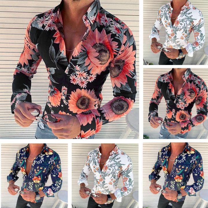 เสื้อฮาวายเข้ารูปพิมพ์ลาย3d-แฟชั่นดอกกุหลาบเสื้อเชิ้ตลำลองแขนยาวสำหรับผู้ชายเสื้อเชิ้ตลายดอก